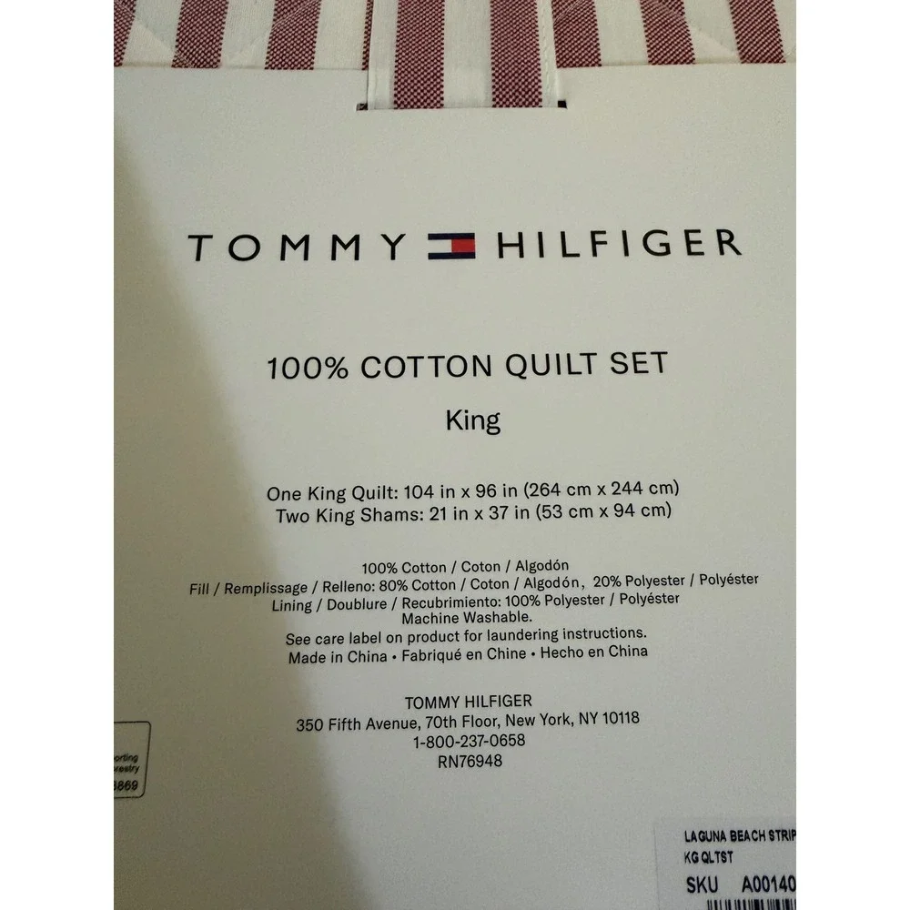 Tommy Hilfiger Laguna Beach Stripe King Quilt Set 3pc 100% Cotton Red White NEW